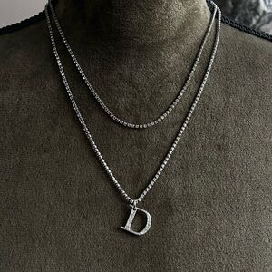 Vintage Christian Dior D Monogram Pendant Double Layer Rhinestone Chain Necklace